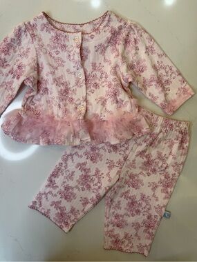 Baby V 9M 100% cotton Pink Floral Toile 2 Piece Set Tulle Ruffle